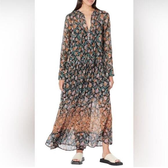 Free People See It Through black orange floral sheer maxi dress size Small - Picture 1 of 16